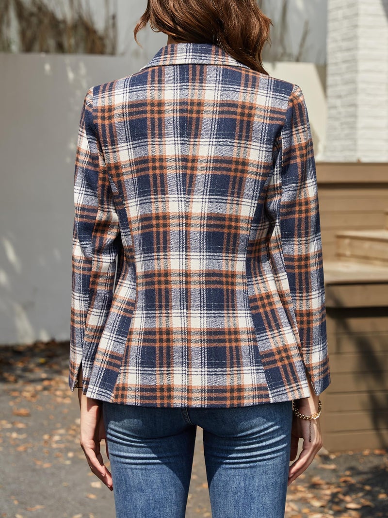 ELLEVEN Plaid Tweed Blazers for Women Lapel Boyfriend Oversized Houndstooth Suit Jackets Business Casual Dressy Work Office Outfits Fall Winter Old Money Clothes Navy Blue Plaid Large - Image 3