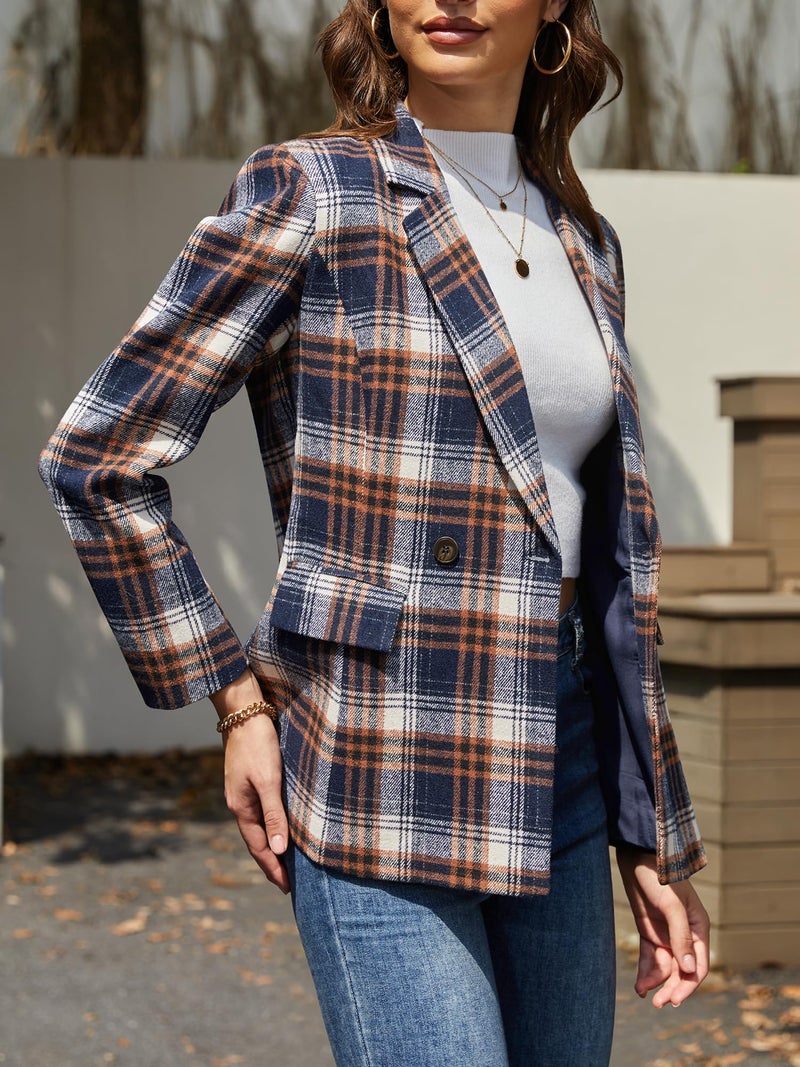 ELLEVEN Plaid Tweed Blazers for Women Lapel Boyfriend Oversized Houndstooth Suit Jackets Business Casual Dressy Work Office Outfits Fall Winter Old Money Clothes Navy Blue Plaid Large - Image 2