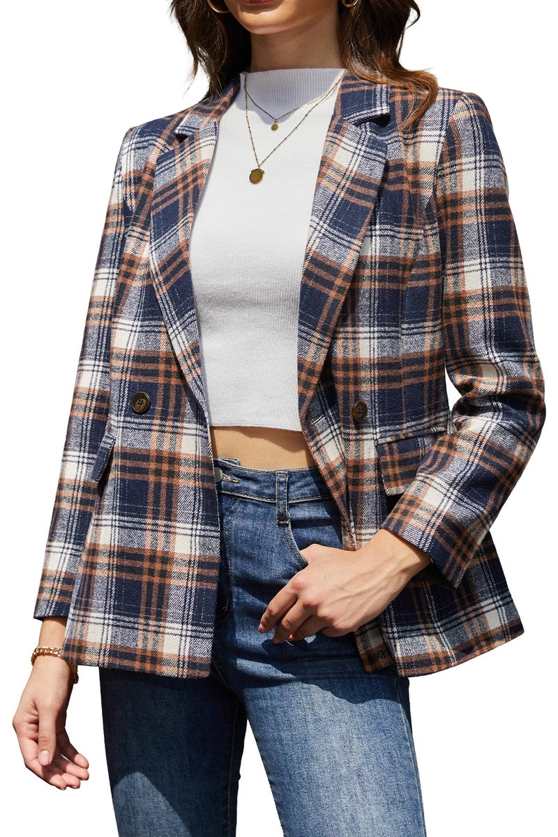 ELLEVEN Plaid Tweed Blazers for Women Lapel Boyfriend Oversized Houndstooth Suit Jackets Business Casual Dressy Work Office Outfits Fall Winter Old Money Clothes Navy Blue Plaid Large - Image 1
