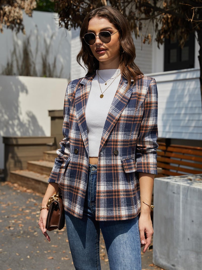 ELLEVEN Plaid Tweed Blazers for Women Lapel Boyfriend Oversized Houndstooth Suit Jackets Business Casual Dressy Work Office Outfits Fall Winter Old Money Clothes Navy Blue Plaid Large - Image 5