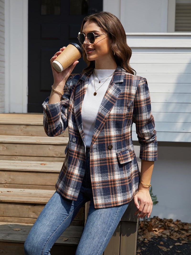 ELLEVEN Plaid Tweed Blazers for Women Lapel Boyfriend Oversized Houndstooth Suit Jackets Business Casual Dressy Work Office Outfits Fall Winter Old Money Clothes Navy Blue Plaid Large - Image 4