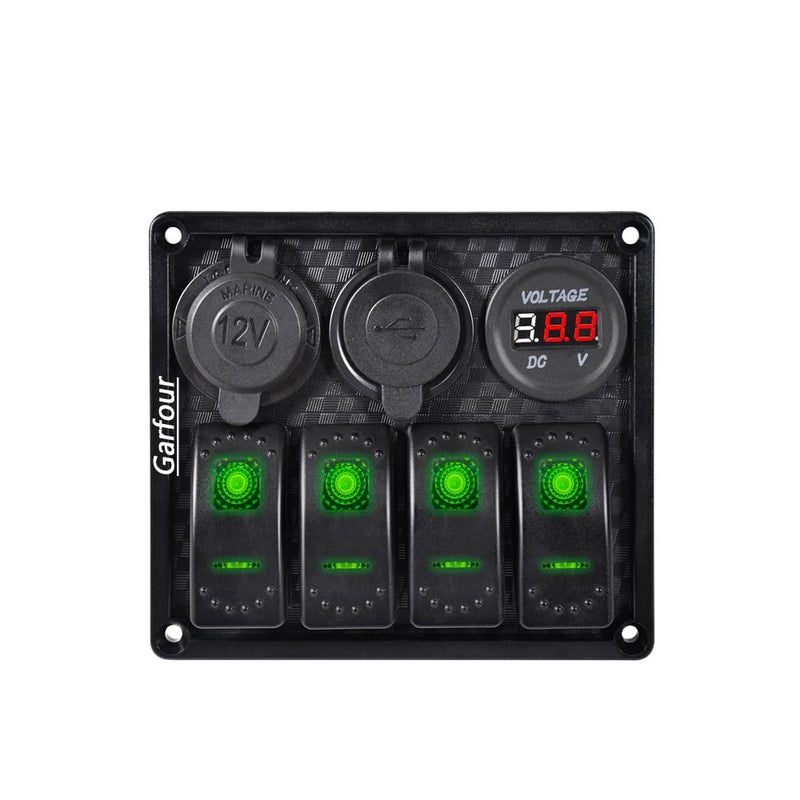 Garfour 4 Gang Rocker Switch Panel Waterproof Rubber Panel Dual 3.1A USB 12V Slot Socket LED Light Voltmeter for Car Boat Truck - Image 1