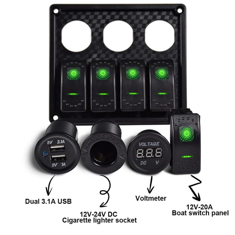 Garfour 4 Gang Rocker Switch Panel Waterproof Rubber Panel Dual 3.1A USB 12V Slot Socket LED Light Voltmeter for Car Boat Truck - Image 3