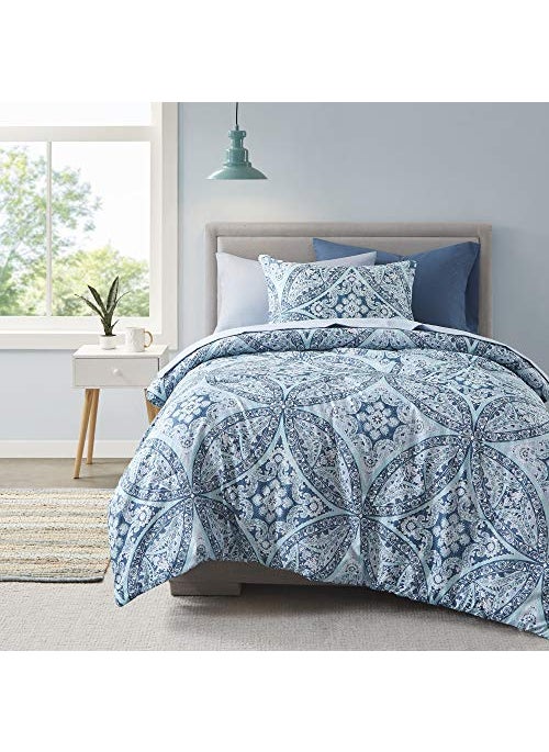 Comfort Spaces Comfort Spaces Bed in A Bag  Trendy Casual Design Cozy Comforter with Complete Sheet Set with Side Pocket All Season Cover Matching Shams Twin66x90 Gloria Damask Blue 6 Piece 