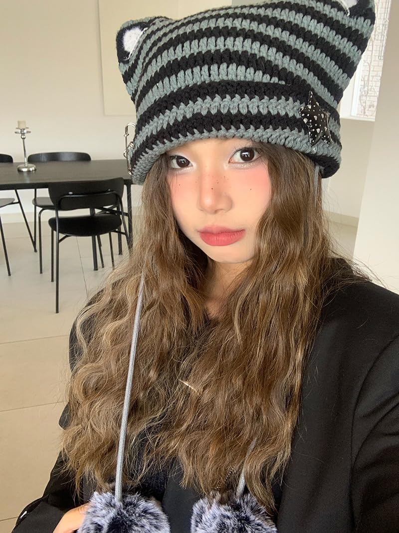 Sumleno Y2k Beanie Cat Ear Gyaru Acubi Devil Crochet Hats Cute Kawaii Star Grunge Aesthetic Pompoms Cutecore Y2k Harajuku Clothes (Gray,One Size) - Image 2