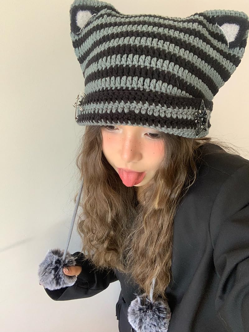 Sumleno Y2k Beanie Cat Ear Gyaru Acubi Devil Crochet Hats Cute Kawaii Star Grunge Aesthetic Pompoms Cutecore Y2k Harajuku Clothes (Gray,One Size) - Image 3