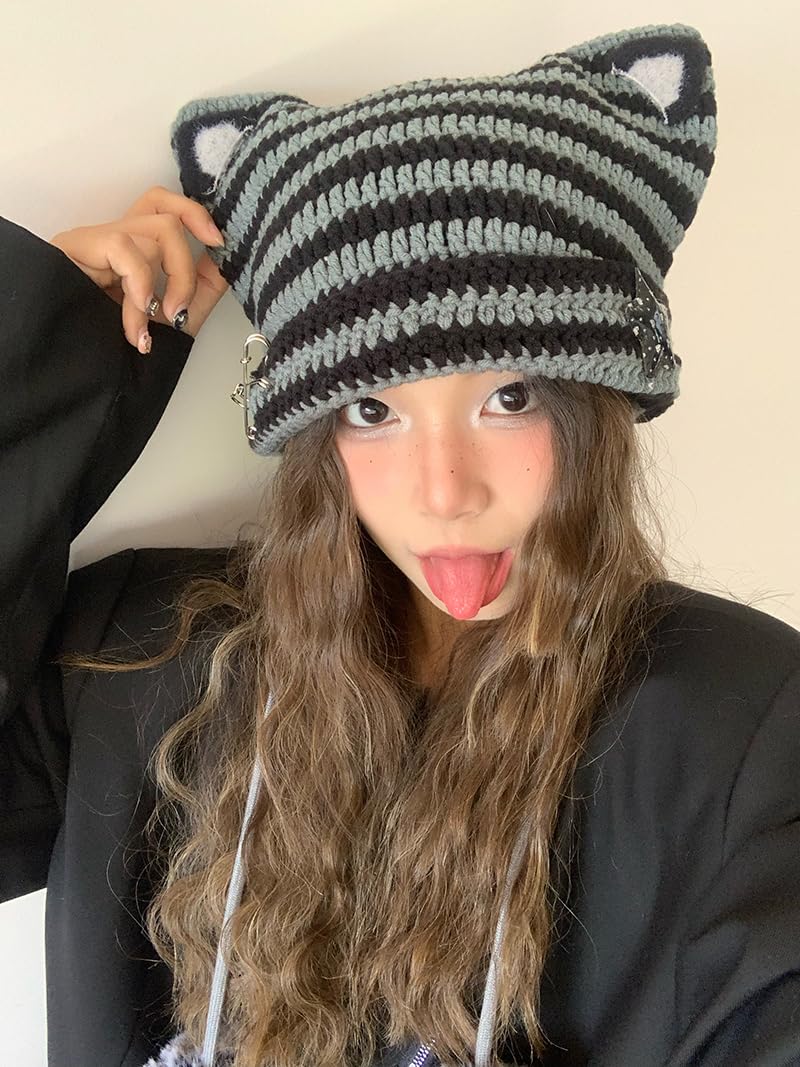 Sumleno Y2k Beanie Cat Ear Gyaru Acubi Devil Crochet Hats Cute Kawaii Star Grunge Aesthetic Pompoms Cutecore Y2k Harajuku Clothes (Gray,One Size) - Image 4