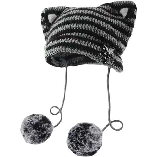 Sumleno Y2k Beanie Cat Ear Gyaru Acubi Devil Crochet Hats Cute Kawaii Star Grunge Aesthetic Pompoms Cutecore Y2k Harajuku Clothes (Gray,One Size) - Image 1