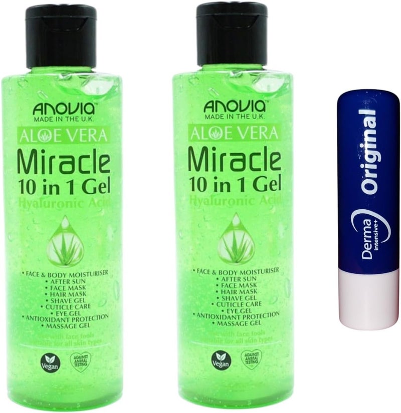 MIRACLE GEL Hyaluronic Acid Face Body Moisturiser After Sun By v 210ml 2 Pack With Free Orignial Lip Balm