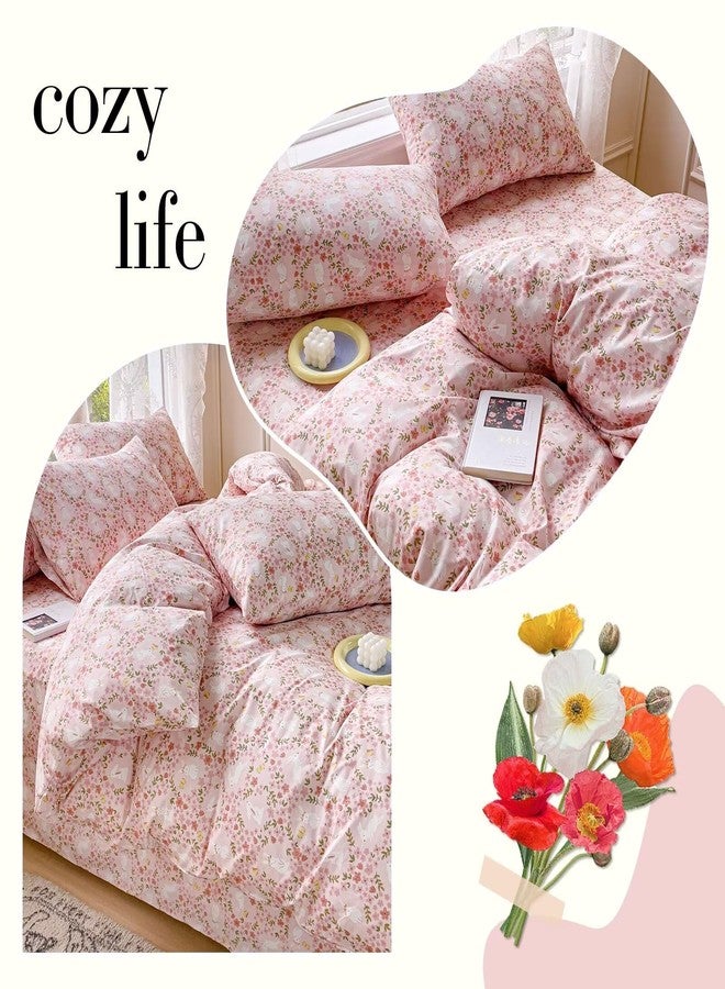 BuLuTu Cute Rabbit Floral Duvet Cover Queen Size Children Bedding 100% Cotton Comforter Cover Queen with 2 Pillow Cases for Kids Teens Girls, 3 Pc Bed Sets, Zipper & Corner Ties - Image 2