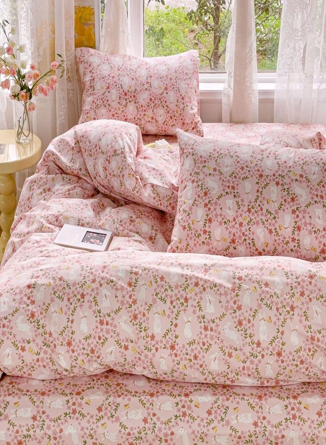 BuLuTu Cute Rabbit Floral Duvet Cover Queen Size Children Bedding 100% Cotton Comforter Cover Queen with 2 Pillow Cases for Kids Teens Girls, 3 Pc Bed Sets, Zipper & Corner Ties - Image 4