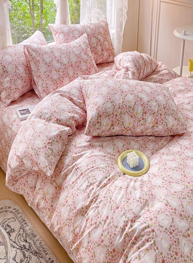 BuLuTu Cute Rabbit Floral Duvet Cover Queen Size Children Bedding 100% Cotton Comforter Cover Queen with 2 Pillow Cases for Kids Teens Girls, 3 Pc Bed Sets, Zipper & Corner Ties - Image 3