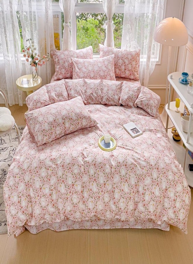BuLuTu Cute Rabbit Floral Duvet Cover Queen Size Children Bedding 100% Cotton Comforter Cover Queen with 2 Pillow Cases for Kids Teens Girls, 3 Pc Bed Sets, Zipper & Corner Ties - Image 1