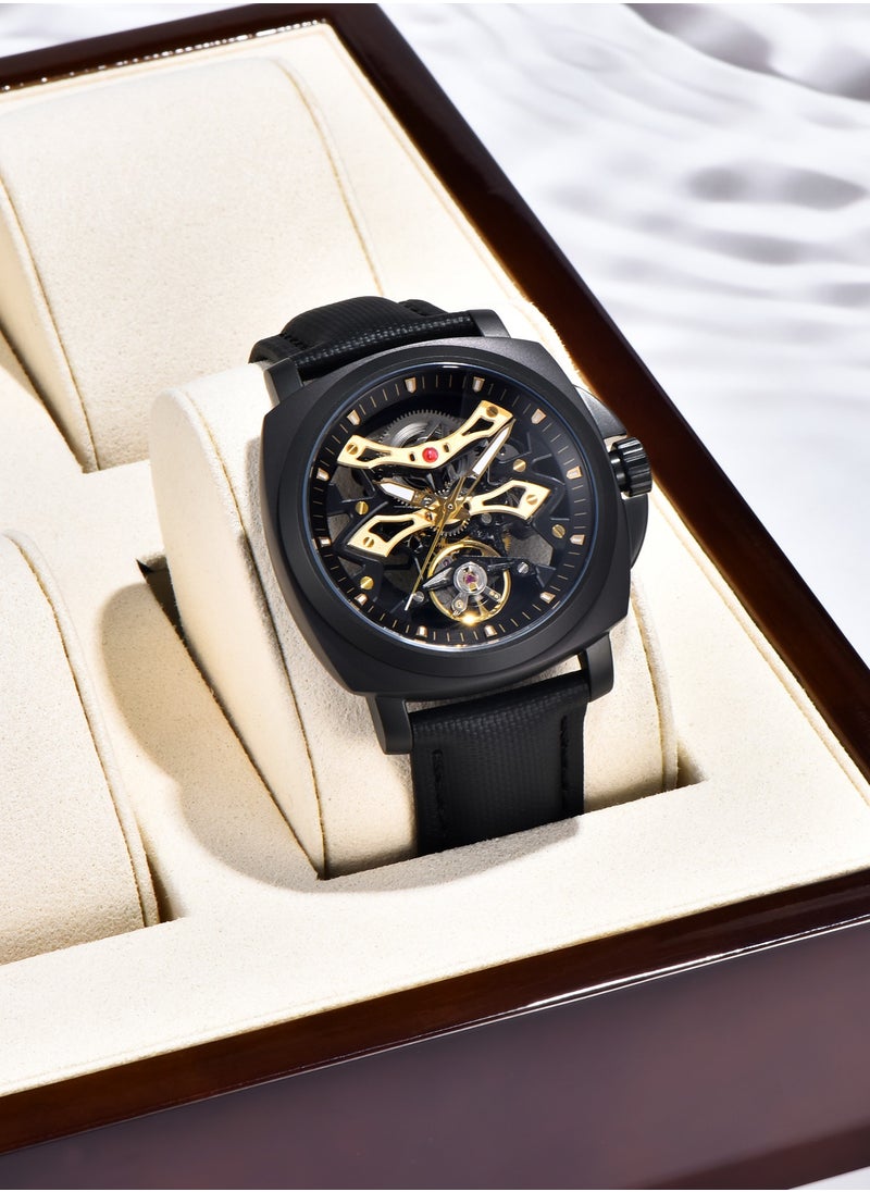 PAGANI DESIGN Men's Automatic Mechanical Watches, PU Leather Strap, Synthetic Sapphire Glass Watch Window, 40MM Stainless Steel Dial, Silver-Black Hollow Dial, PD YS017  - Image 3