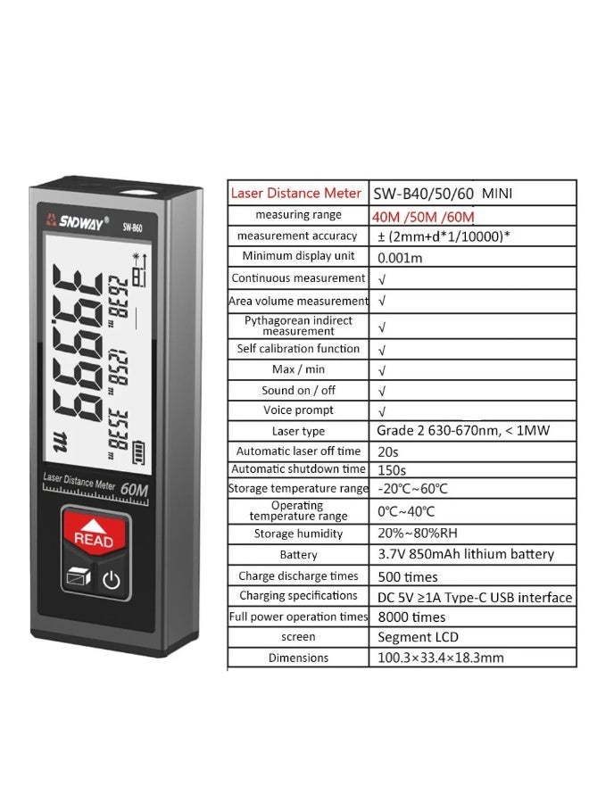 إس إن دي واي {"en":"60m/196ft Rechargeable Digital Laser Distance Meter, Mini Laser Range Finder with OLED Screen, Handheld Measuring Tool, Infrared Measurement, Laser Tape Measure Distance/Area/Volume/Pythagorean - Image 5