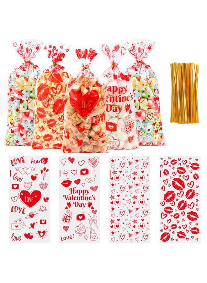 ZYLOP Valentines Cellophane Treat Bags - 50 PCS Plastic Valentines Candy Bags with Twist Ties for Cookie Goodie Valentine Gift Bag for Valentine Day Wedding Party Favor Supplies, 10.6x 5.2 Inch, 4 Style - Image 1