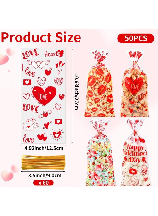 ZYLOP Valentines Cellophane Treat Bags - 50 PCS Plastic Valentines Candy Bags with Twist Ties for Cookie Goodie Valentine Gift Bag for Valentine Day Wedding Party Favor Supplies, 10.6x 5.2 Inch, 4 Style - Image 2