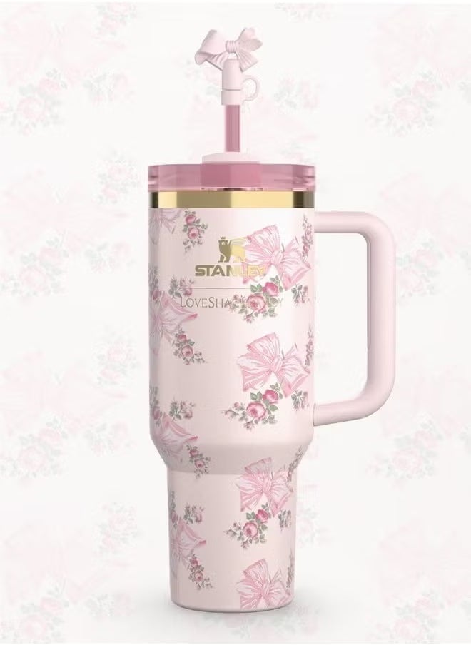 Stanley - Love Shack Fancy H2.0 Flow State 40oz Cortex Tumbler, Stainless Steel Vacuum Insulated Quencher with Lid, Straw, and Stopper, Ideal for Water and Iced Tea, Keeps Drinks Cold, Presented in Elegant Gift-Ready Packaging PINK - Image 1