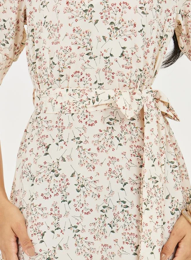 Styli Ditsy Floral Print A-Line Midi Dress with Self Tie Up