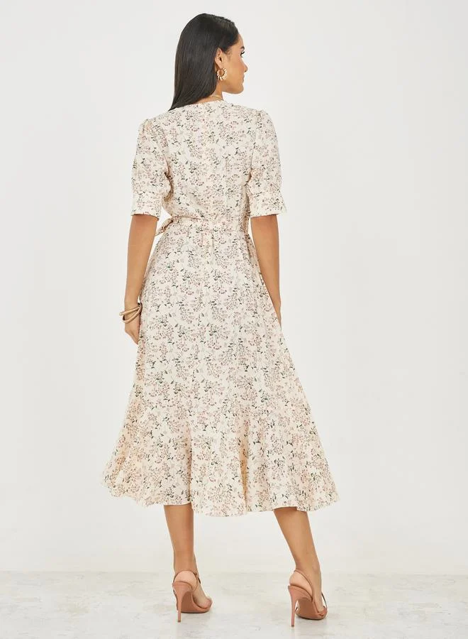 Styli Ditsy Floral Print A-Line Midi Dress with Self Tie Up