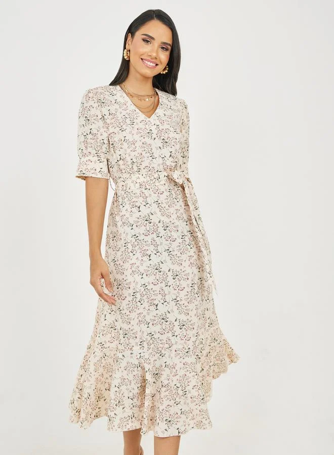 Styli Ditsy Floral Print A-Line Midi Dress with Self Tie Up