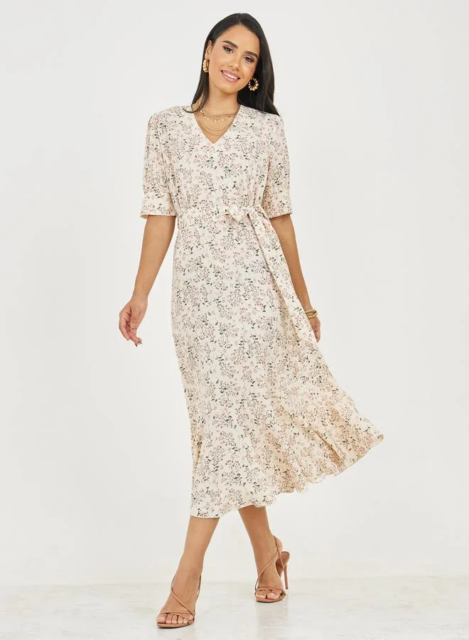 Styli Ditsy Floral Print A-Line Midi Dress with Self Tie Up