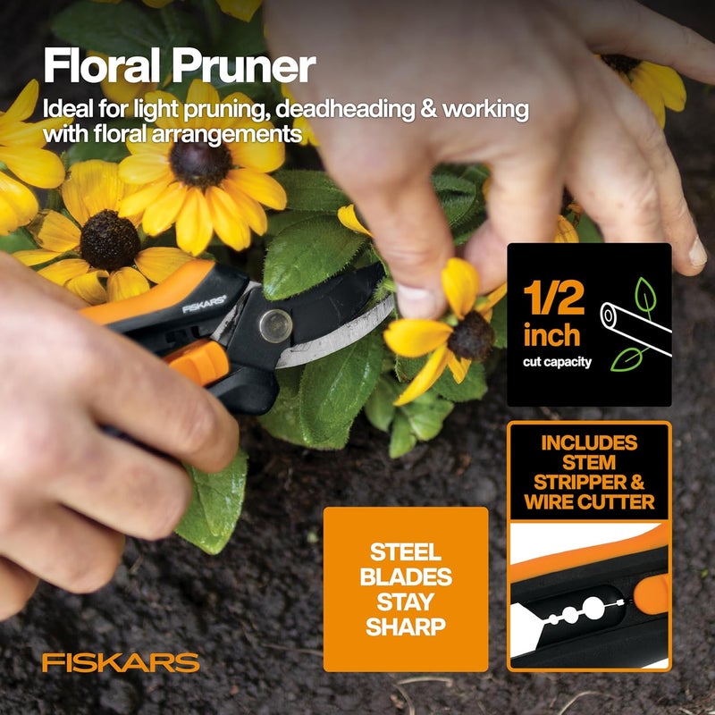 Fiskars Flower Gardening Tool Set with Floral Pruner, Trowel, Cultivator, Garden Gloves, and Ultra-Light Kneeling Cushion for Outdoor Use (5 Piece Kit) - Image 2