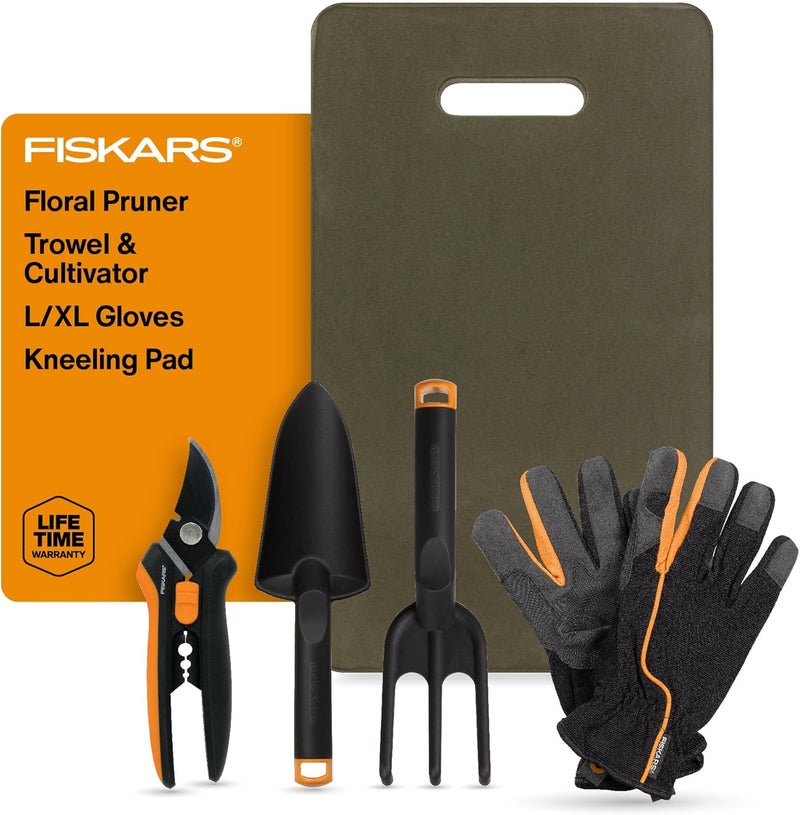 Fiskars Flower Gardening Tool Set with Floral Pruner, Trowel, Cultivator, Garden Gloves, and Ultra-Light Kneeling Cushion for Outdoor Use (5 Piece Kit) - Image 1