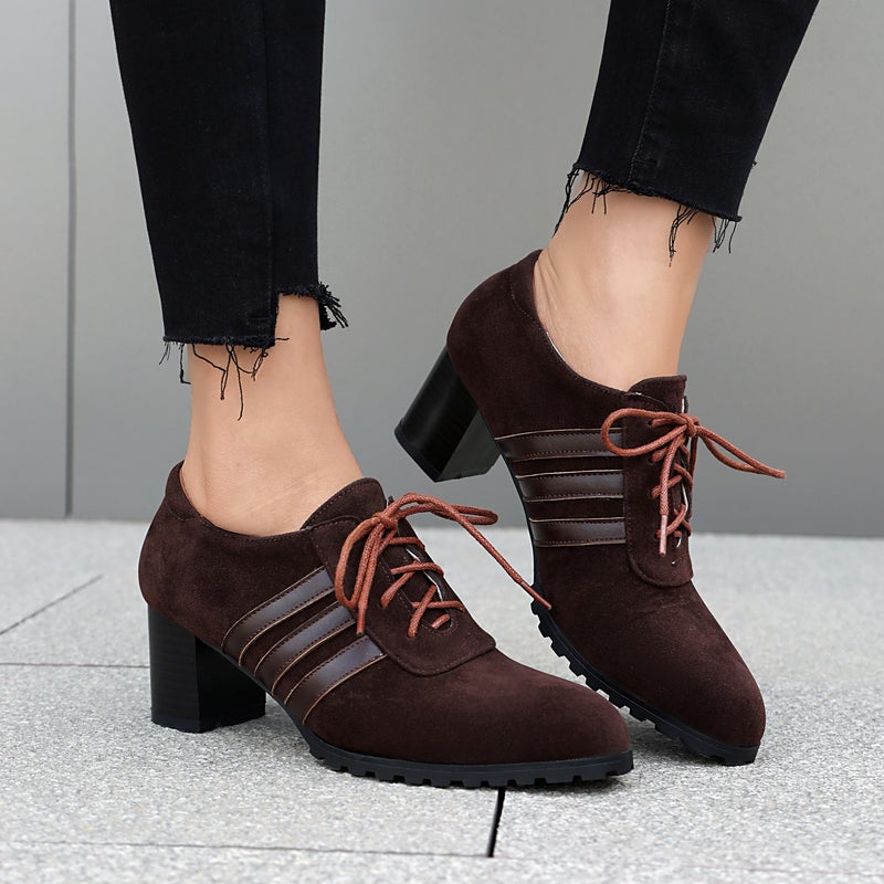 In The Autumn Of Retro Round Head Suede 40-43 Plus Size Front Lace-Up Mid-Mouth Shoes - Image 5