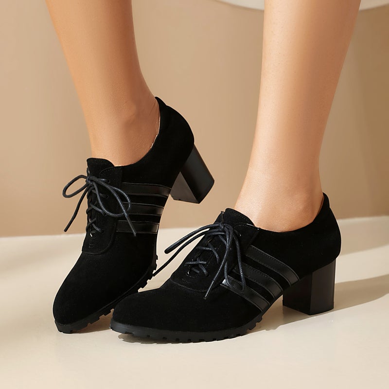 In The Autumn Of Retro Round Head Suede 40-43 Plus Size Front Lace-Up Mid-Mouth Shoes - Image 2