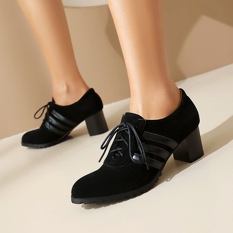 In The Autumn Of Retro Round Head Suede 40-43 Plus Size Front Lace-Up Mid-Mouth Shoes - Image 4