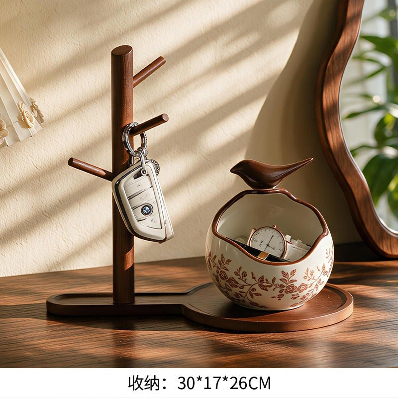 Elegant Mid-Century Key Holder with Floral Design - Perfect for Entryway, Living Room, or New Home Gift - Floral Pattern - Coffee Color + Tree Branch Base