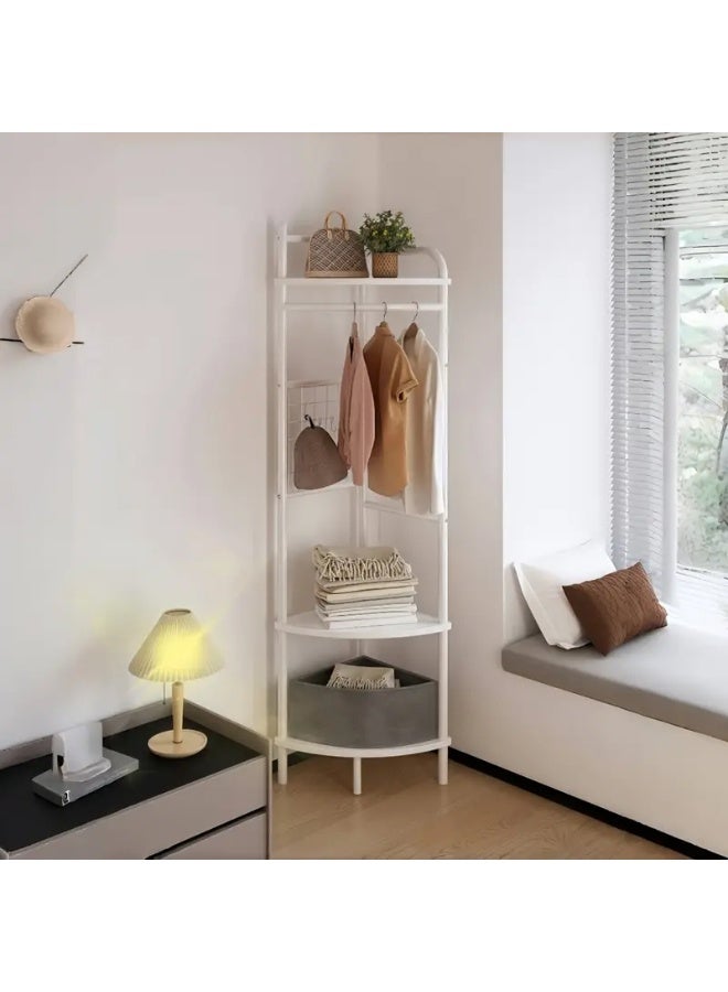 DubaiGallery “Compact Corner Storage Rack for Small Spaces – Elegant White Design with Hanger Bar and Multi-Layer Shelves for Clothes, Towels & Accessories” - Image 1