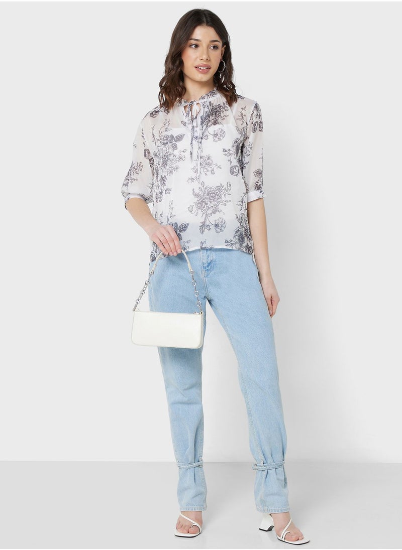 ELLA - Neck Tie Printed Top - Image 1