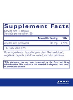 Pure Encapsulations Zinc 30 Mg ; Zinc Picolinate Supplement For Immune System Support Growth And Development And Wound Healing* ; 60 Capsules  - Image 3