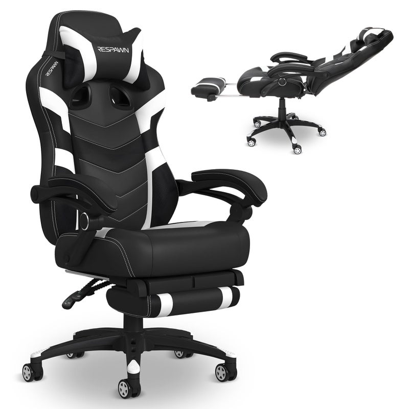 Respawn 110 Pro Ergonomic Gaming Chair with Footrest for Adults Comfortable Office Gaming Recliner with Lumbar Support and Headrest Racing Style Video Game Chairs for Computer Gamer White