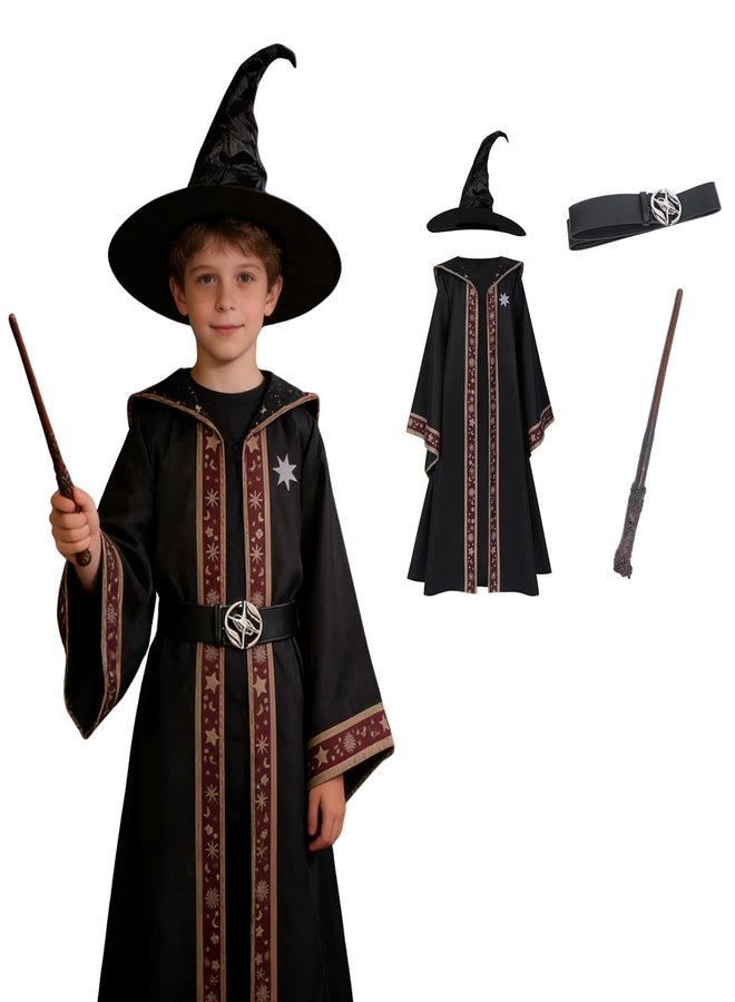 AGCOAH Kids Wizard Costume for Boys Girls Dark Wizard Outfits with Hat Belt Magic Wand Halloween Cosplay Dress Up Black S(6-8Y) - Image 1
