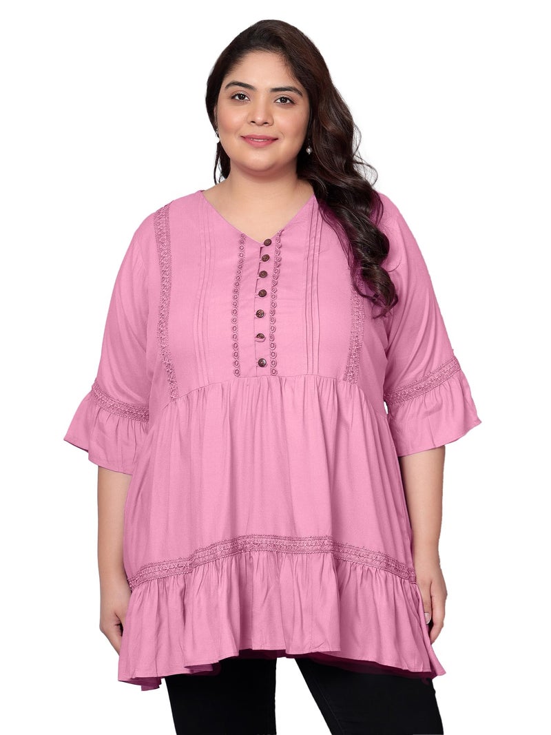 Indietoga Women's Plus Size Tiered Longline Tunic Top with Pockets (P10001581_Pink Solid_4XL) - Image 1
