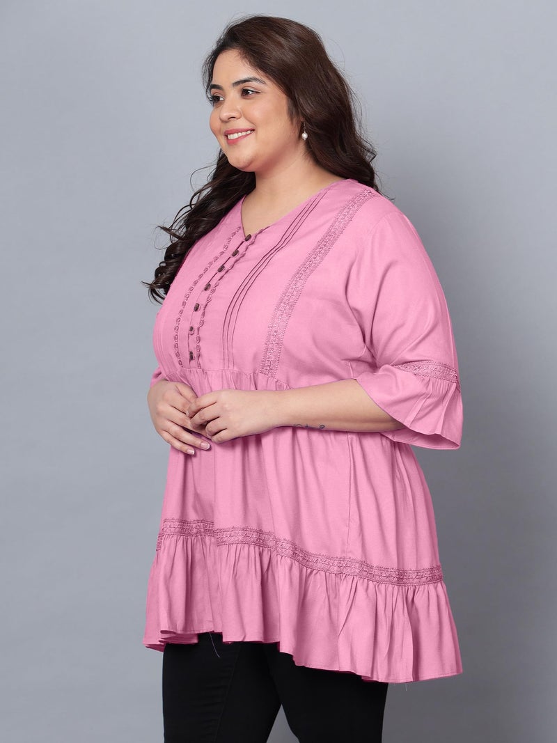 Indietoga Women's Plus Size Tiered Longline Tunic Top with Pockets (P10001581_Pink Solid_4XL) - Image 4