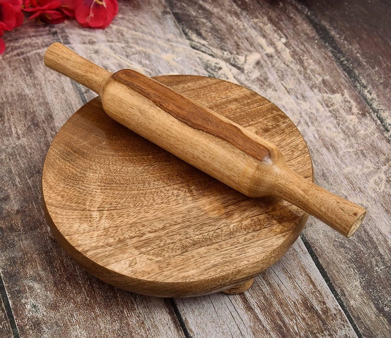 RJ kitchenware Store مجموعة أدوات المطبخ الخشبية من RJ - تشاكلا بيلان - تشاكلا بقطر 10 بوصة وبيلان 12 بوصة لصنع الروتي في المنزل - بني - Image 2