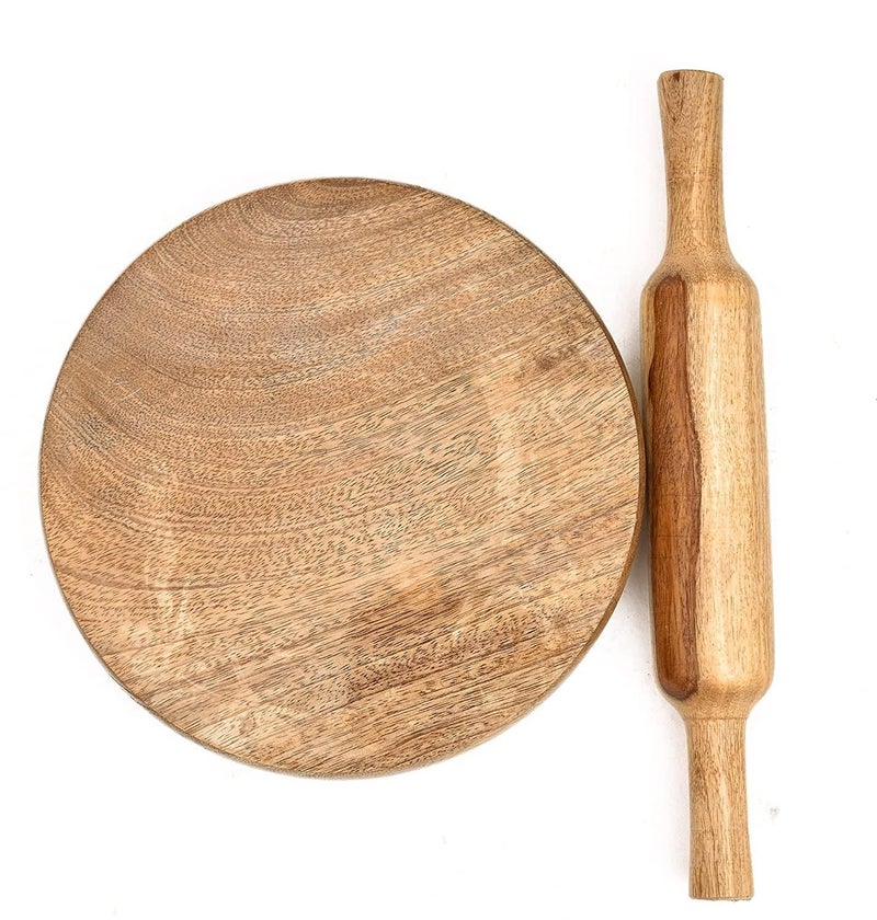 RJ kitchenware Store مجموعة أدوات المطبخ الخشبية من RJ - تشاكلا بيلان - تشاكلا بقطر 10 بوصة وبيلان 12 بوصة لصنع الروتي في المنزل - بني - Image 1
