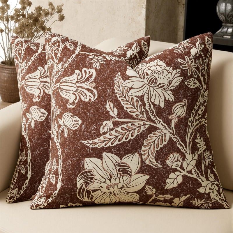 MUSSEL Brown Floral Pillow Covers 18x18ï¼šVintage Chocolate Decorative Pillow Boho Patterned Covers Neutral Modern Farmhouse Cushions Cotton Accent Covers - Sofa Bed Living Room couch Pillowcases Set of 2 - Image 1