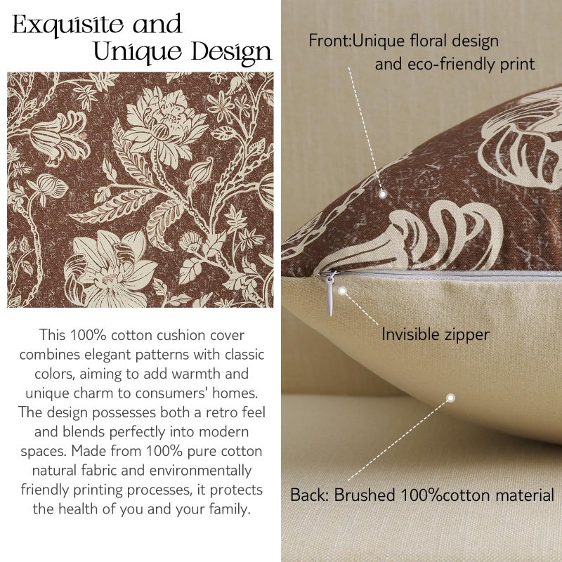 MUSSEL Brown Floral Pillow Covers 18x18ï¼šVintage Chocolate Decorative Pillow Boho Patterned Covers Neutral Modern Farmhouse Cushions Cotton Accent Covers - Sofa Bed Living Room couch Pillowcases Set of 2 - Image 5