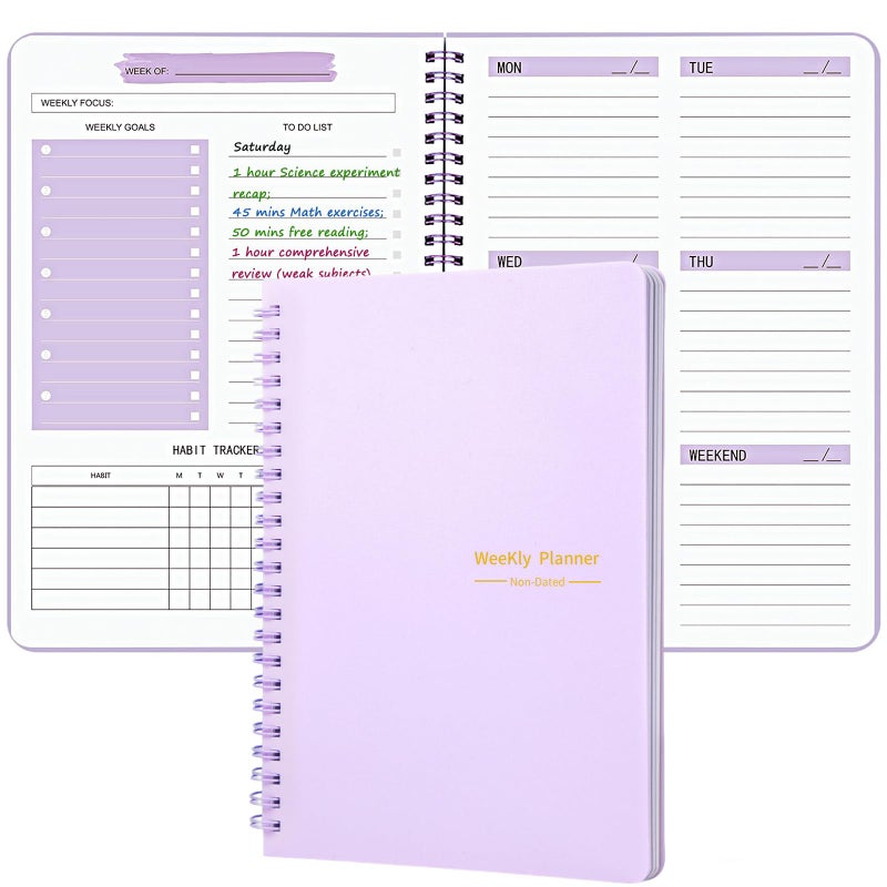 Aosemili Undated Weekly Planner Purple A5 Personal Goals Journal Non Dated Kids Weekly Planner to Do List with Goal Habit Tracker Organizer, Cute Undated Week Planners with Spiral Binding for Kids School Work - Image 1