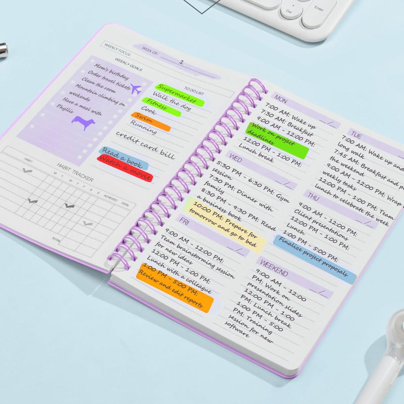 Aosemili Undated Weekly Planner Purple A5 Personal Goals Journal Non Dated Kids Weekly Planner to Do List with Goal Habit Tracker Organizer, Cute Undated Week Planners with Spiral Binding for Kids School Work - Image 2
