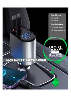SYOSI شاحن سيارة 4 في 1 مع كابل مزدوج قابل للسحب، محول شحن سريع بمنفذين USB C PD ومحول ولاعة سجائر للسيارة مع شاشة عرض الجهد متوافق مع iPhone 14 13 Pro Max وiPad وSamsung  - Image 3
