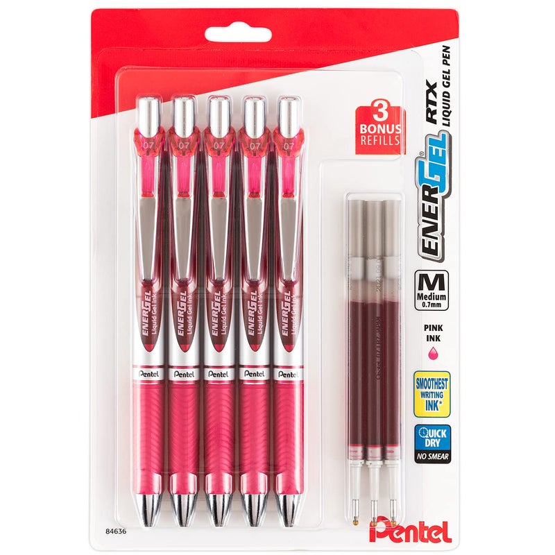 Pentel أقلام بينتل إنرجيل 0.7 مم حبر جل سائل - عبوة من 5 أقلام RTX الوردية الفاخرة مع 3 إعادة تعبئة - Image 1