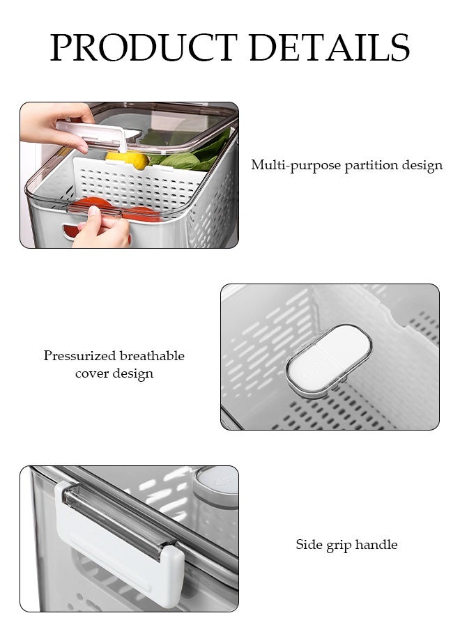 DUNISO حاوية تخزين المطبخ للحفاظ على الطازج مع سلال تصريف وفواصل ، 3 في 1 كريسبير تصريف للفواكه والخضروات ، صندوق تخزين الطعام في الثلاجة مع غطاء - Image 3