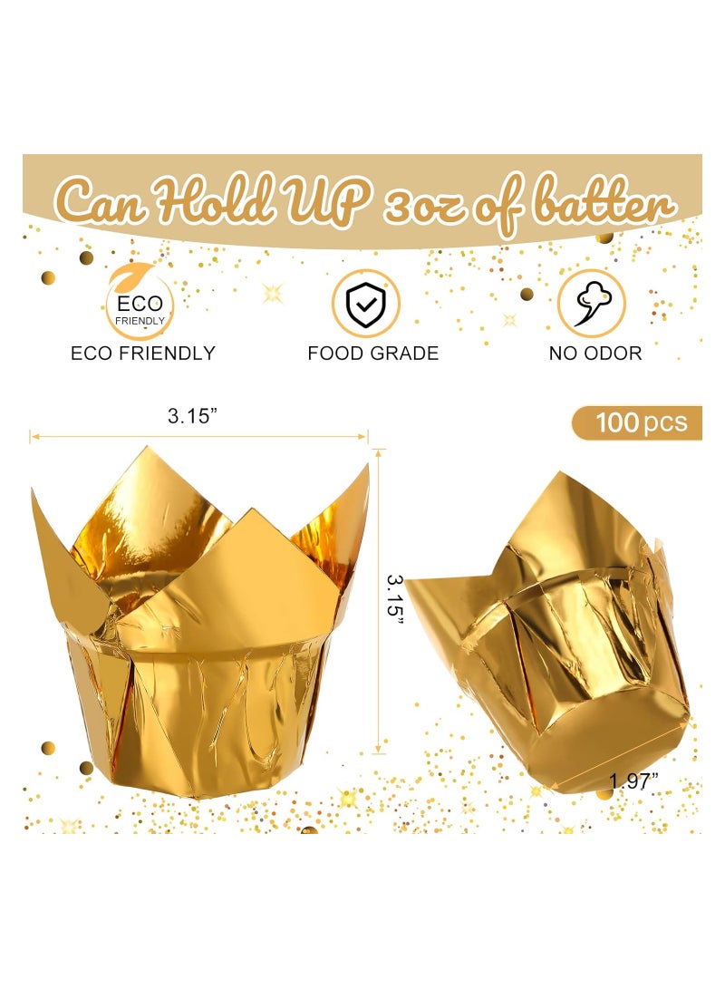 Tulip Cupcake Liners for Baking Muffin Aluminum Foil Paper Baking Cups Disposable Cupcake Wrappers Greaseproof Muffin Liners for Wedding Birthday(Gold, 100 Pcs)  - Image 2