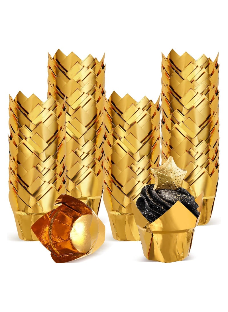 Tulip Cupcake Liners for Baking Muffin Aluminum Foil Paper Baking Cups Disposable Cupcake Wrappers Greaseproof Muffin Liners for Wedding Birthday(Gold, 100 Pcs)  - Image 1